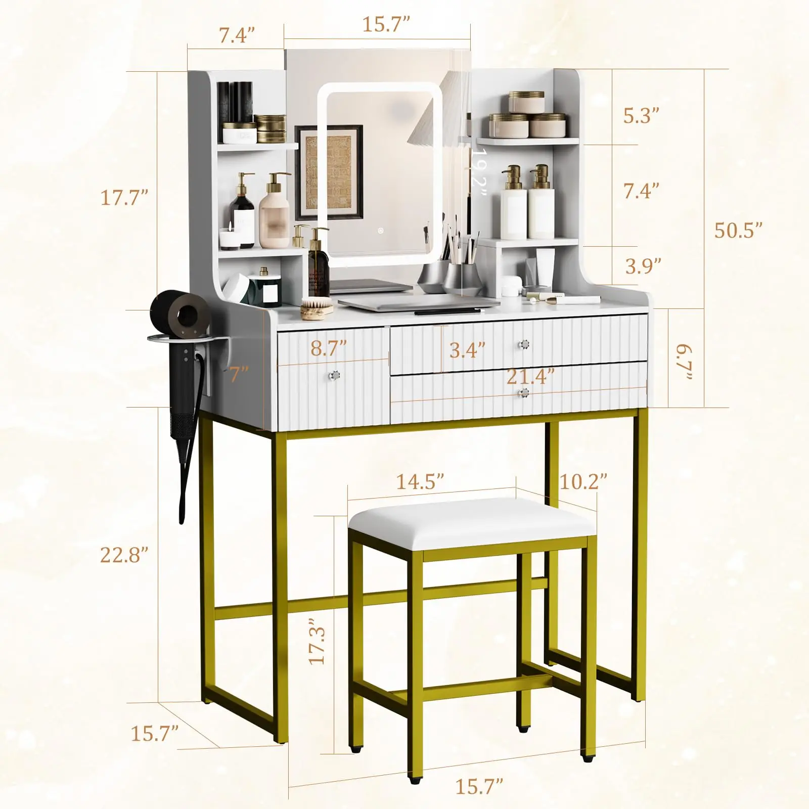 Modern Fluted Vanity Desk with LED Mirror, Power Outlet, 3 Drawers, 4 Shelves – Compact Makeup Table Set for Bedroom