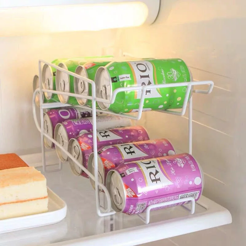 

Kitchen refrigerator can storage shelf, desktop double layer organizer can rack, beverage soda cola beer can dispenser stand.