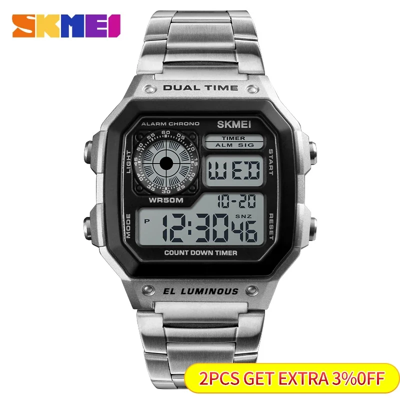 Skmei-Relógio digital masculino com pulseira de aço inoxidável, relógios esportivos impermeáveis, 5Bar, 1335