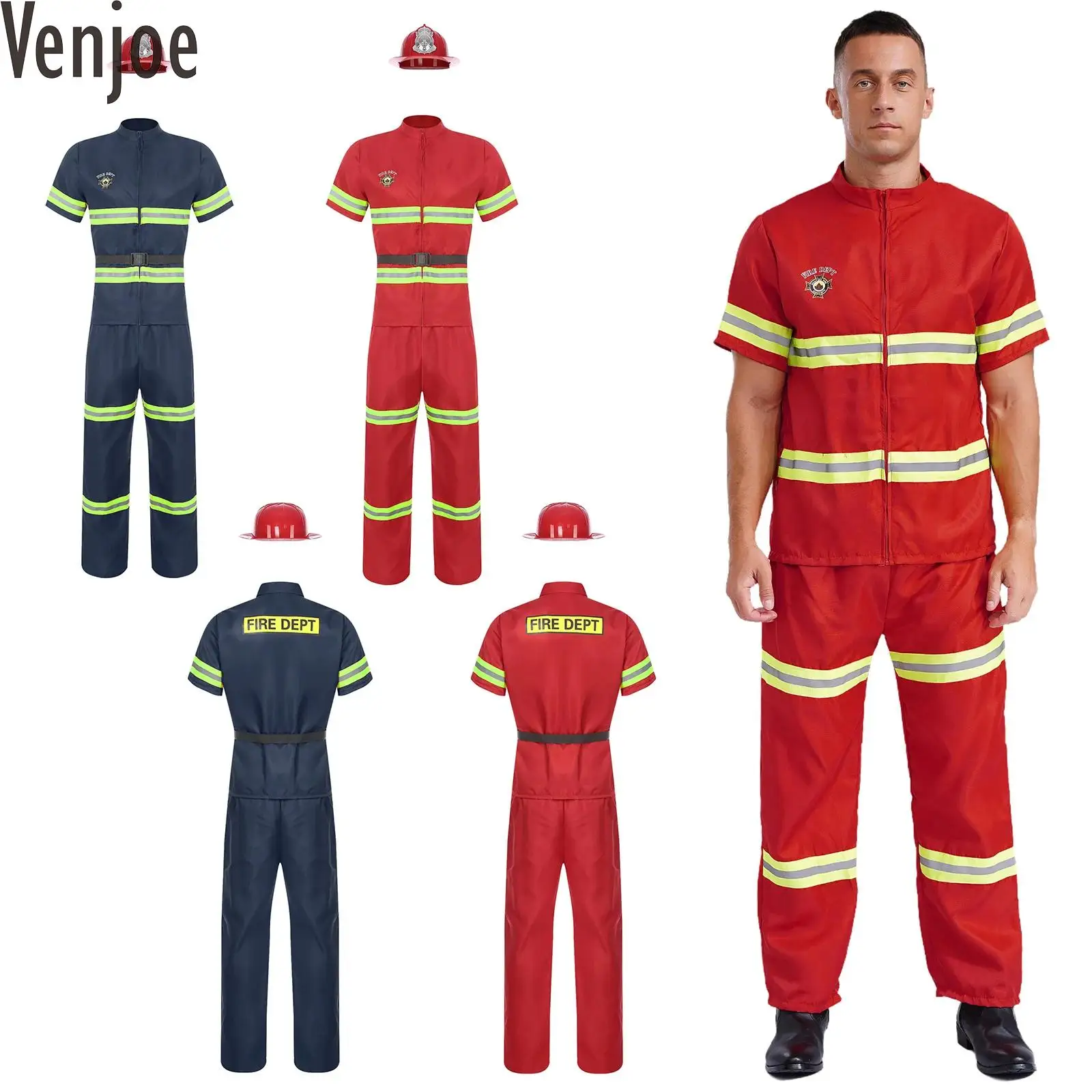 Mens Firefighter Cosplay Costume 4-piece Suit Plastic Helmet Short Sleeve Jackets with Pants and Belt Reflective Stripes Set