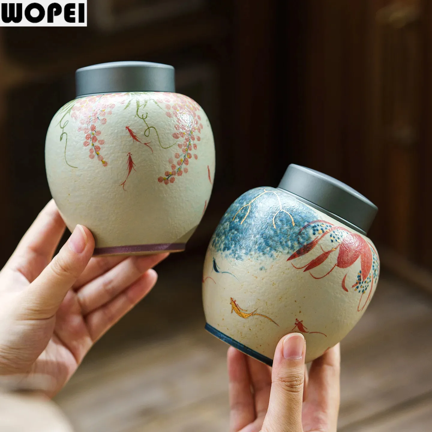 Alloy Lid Ceramic Tea Caddies Hand Drawn Floral Animal Tea Box Sealed Moisture-proof Jar Tea Container Household Teaware