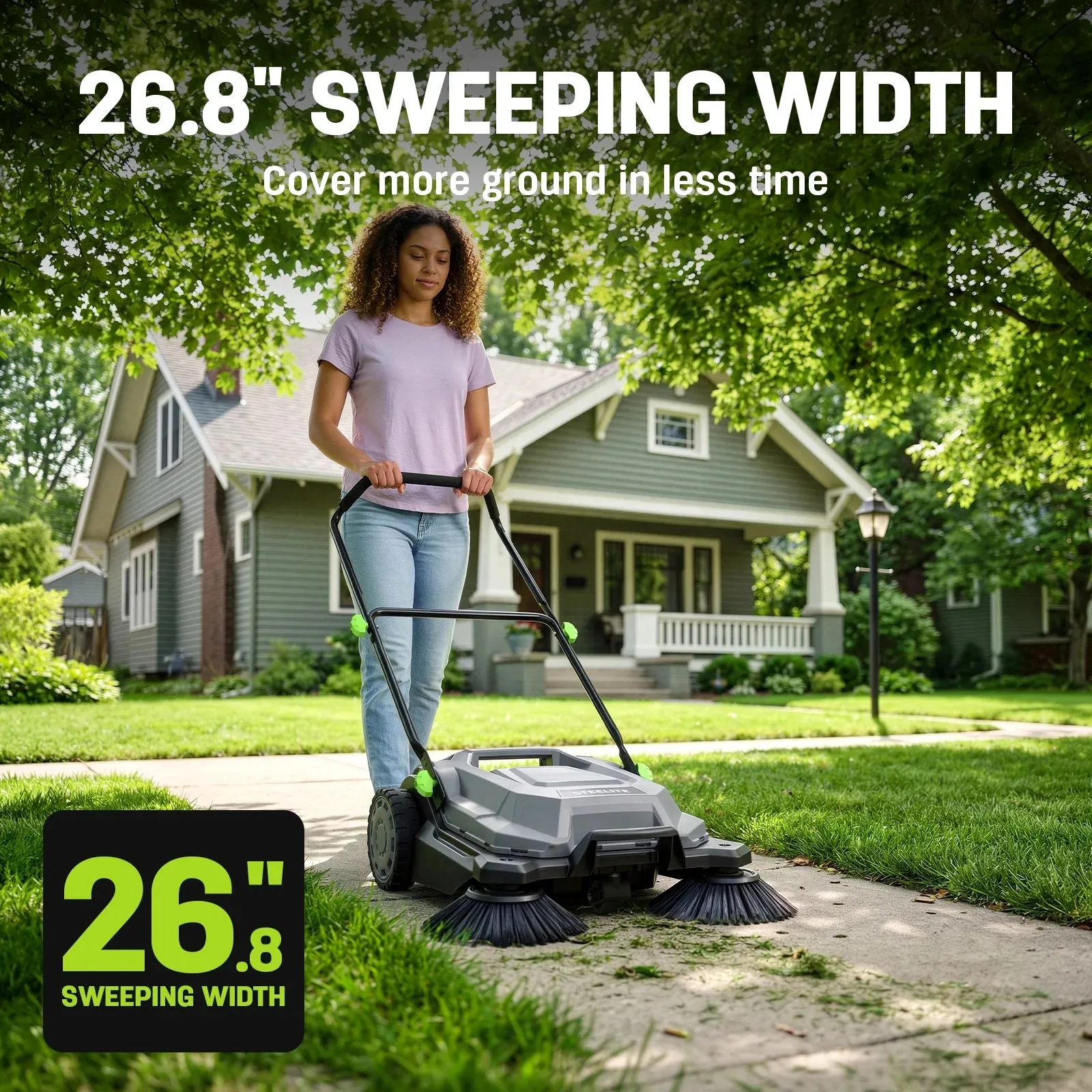 Deli Walk Behind Hand Push Floor Sweeper 26.8 Inch Manual Non Electric with 6.35 Gallon Waste Container Folding Handle for Patio Walkway Yard