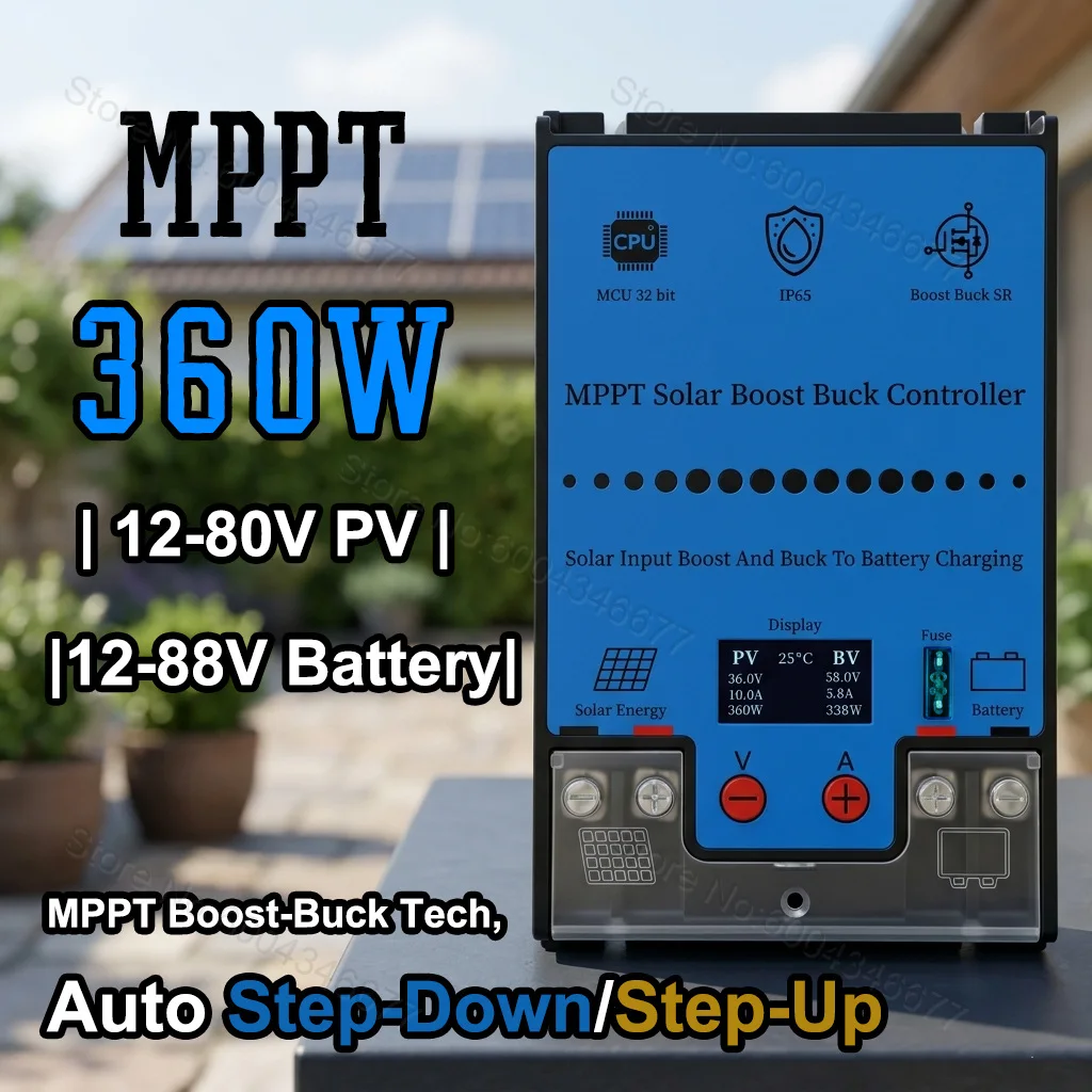 MPPT Buck Boost Solar Controller 10A 360W,12V-80V Input, 12V-88V Output,98% Tracking, for Lead-Acid/LiFePO4/Lithium Battery