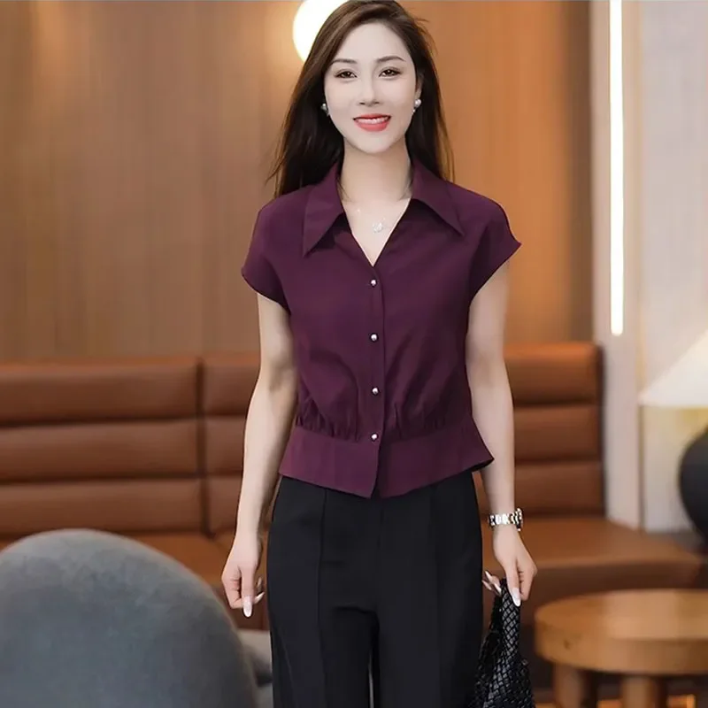 

Модный летний топ для мамы 2025 года, новый, приталенный, с отложным воротником, трендовый, омолаживающий, больших размеров