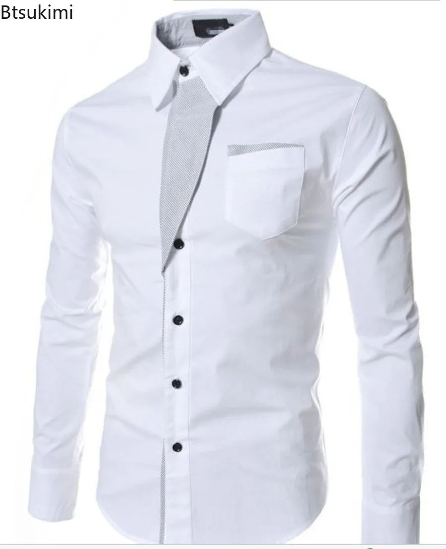 New 2025 Men's Patchwork Long Sleeve Shirts Fashion Slim Business Casual Shirts Striped Colorblock Design Male Blouse Streetwear