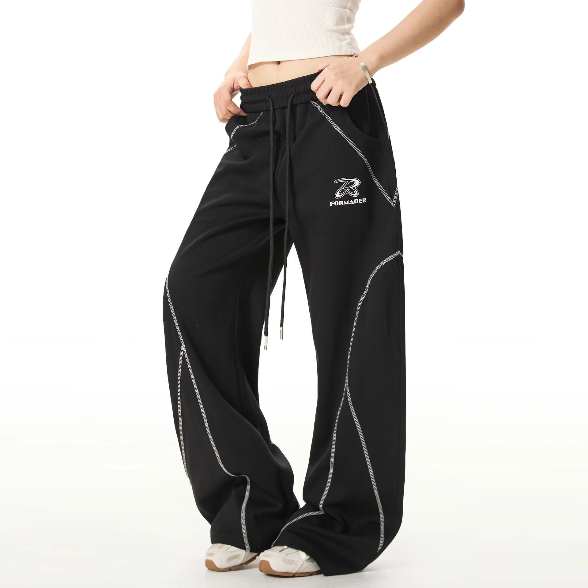 OR FL Women's American Retro Splicing Curved Knife Sweatpants Trendy Brand Design Sense Clear Thread Slacks Sports Pants Y2k