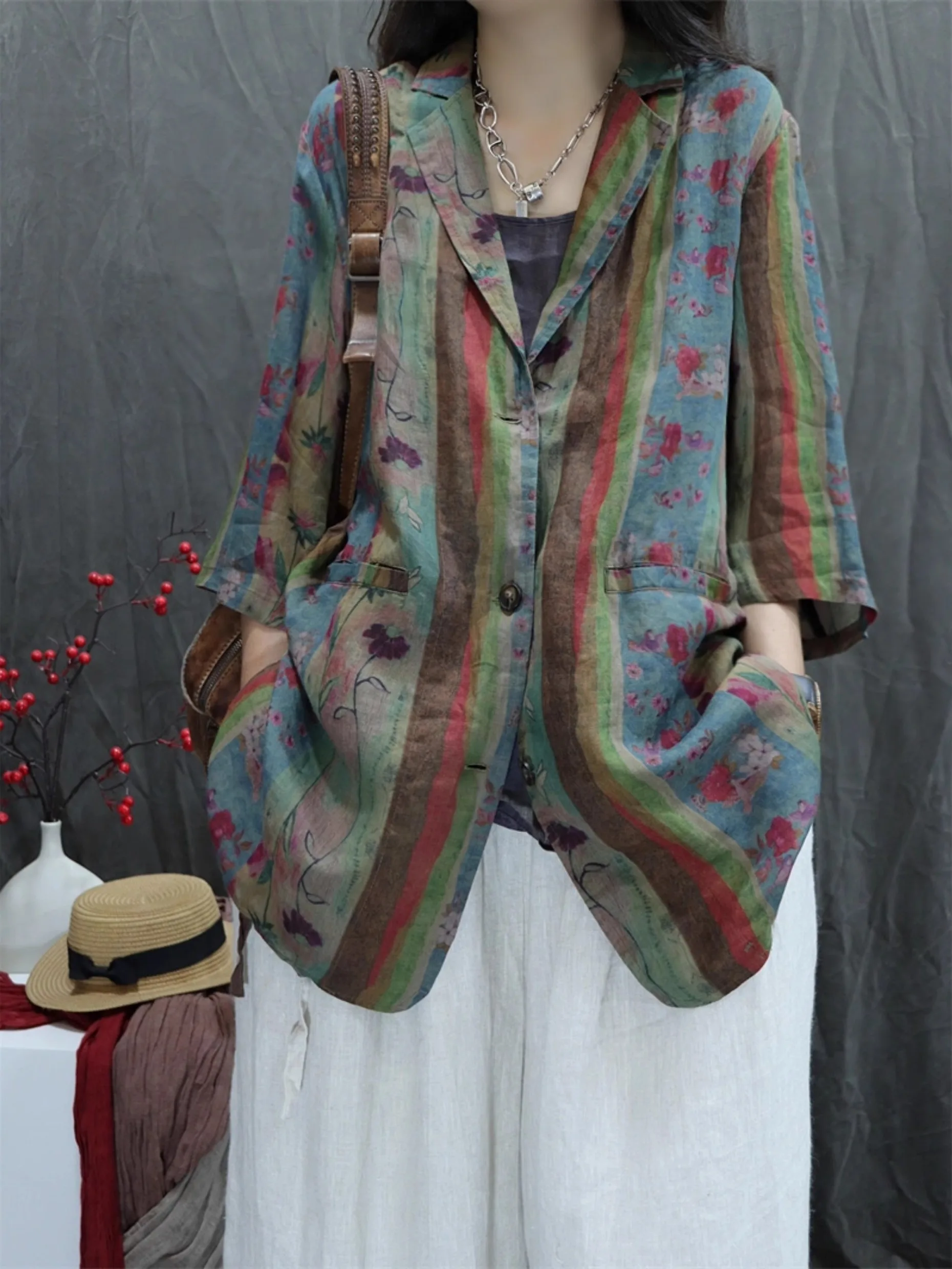 بدلة نسائية كلاسيكية من القطن والكتان Jaet صيف 2025 مطبوعة بالزهور فضفاضة تناسب متعددة الاستخدامات ملابس مكتب طويلة قابلة للتنفس