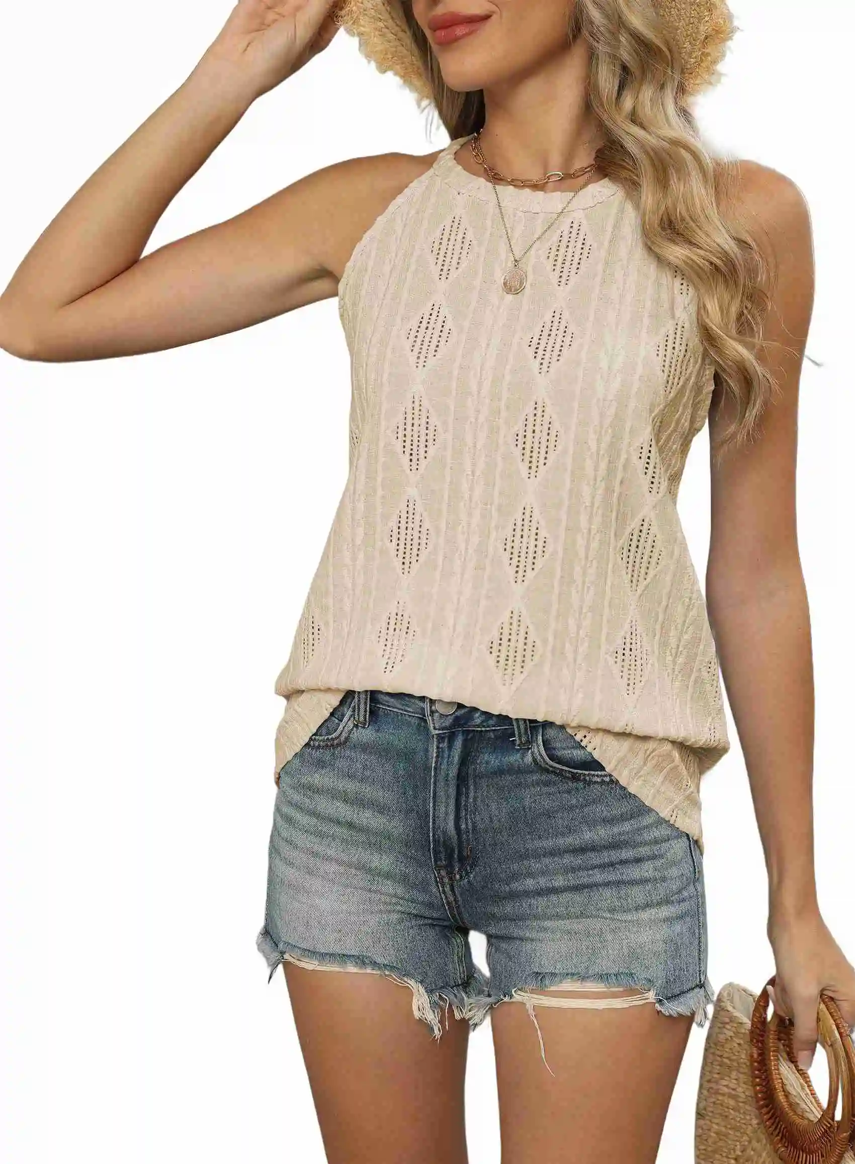

High Neck Sleeveless Halter Tank Tops Khaki XL