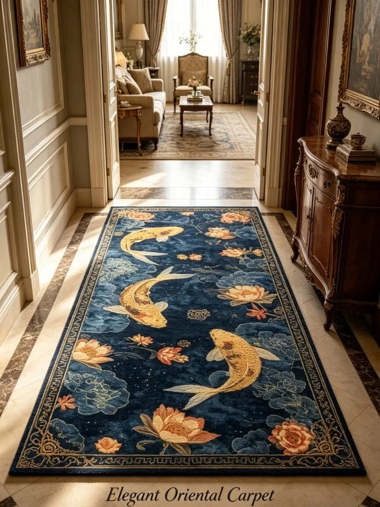 Hot Sale Golden Koi Print Long Rug Washable Anti-Slip Floor Mat