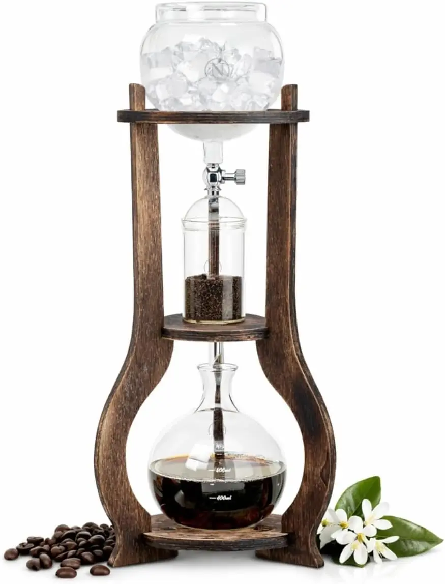 

Iced Coffee Cold Brew Drip Tower Coffee Maker, 6–8 Cup Manual Cold Brew Brewer with Adjustable Valve, Wooden Frame &amp