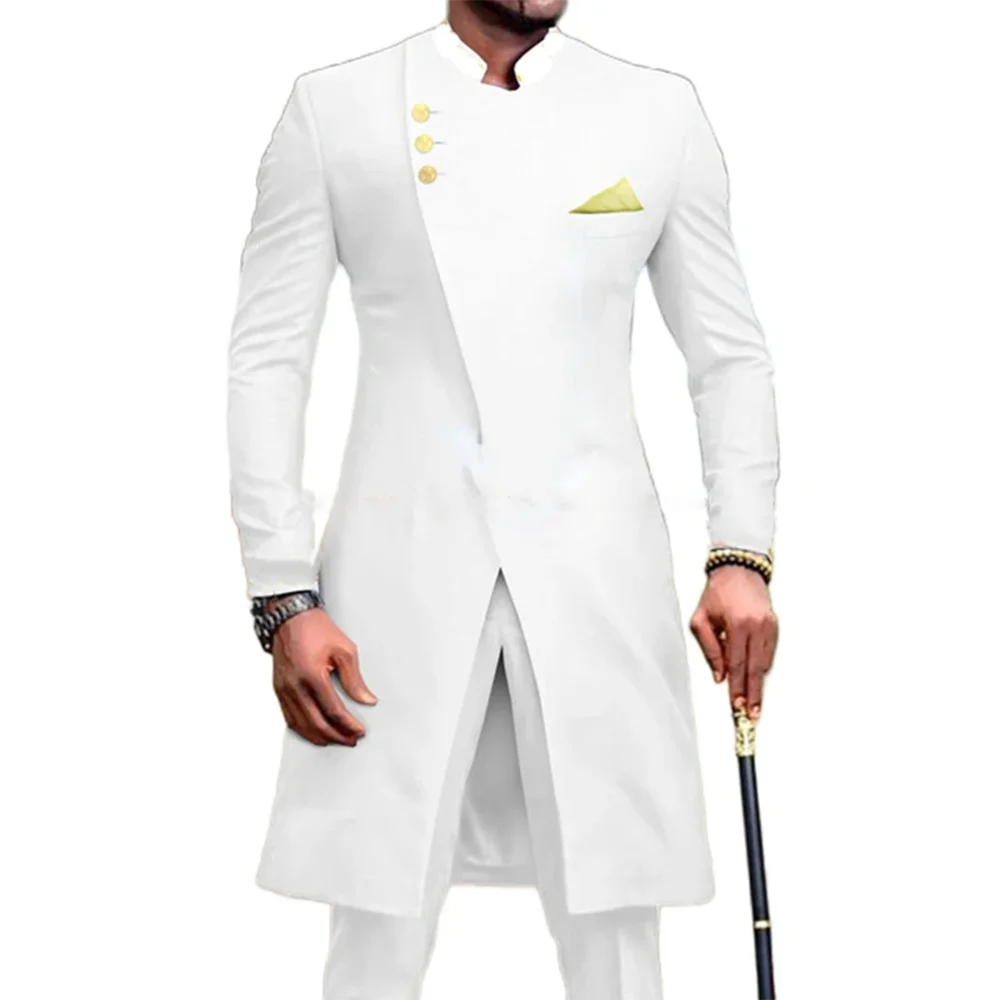 

White Men's Suit 2 Piecs Mid-length Jacket Pants Elegant Prom Formal Male Suits Banquet Custom Made Clothing