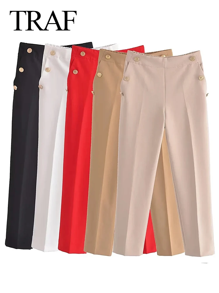 TRAF Fashion Solid Color Suit Pants Simple Elastic Waist Side Pocket Buttons Chic Pencil Pants Temperament High Quality Women