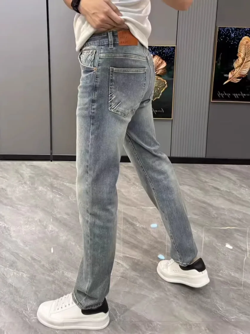 

Новые мужские модные универсальные джинсы прямого кроя с высокой талией, классического синего цвета, для делового и повседневного стиля