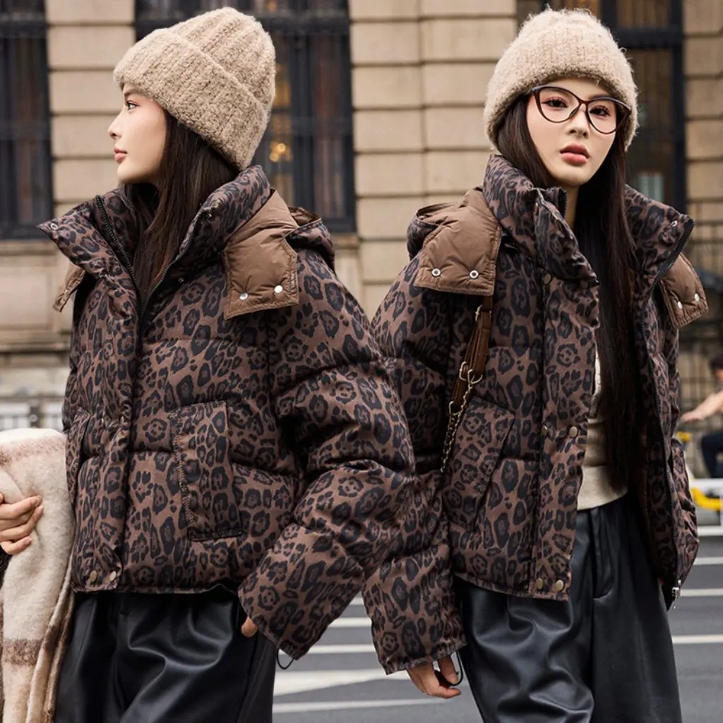 

European And American Thickened Short Cotton Jacket Women's Stand Collar Padded Coat Leopard Print Autumn Winter New Style