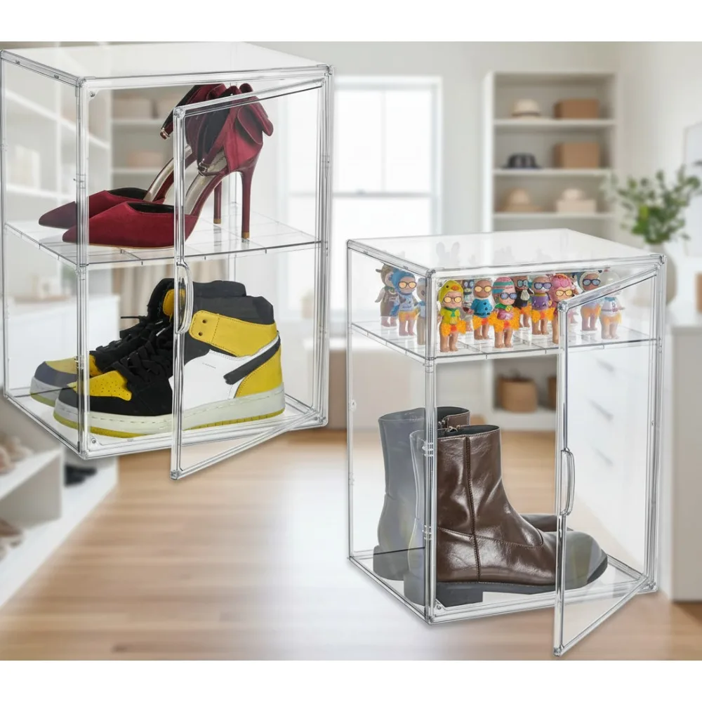 

Large Clear Acrylic Shoe Storage Box with Adjustable Divider, Magnetic Door, Stackable Design - 2 Pack