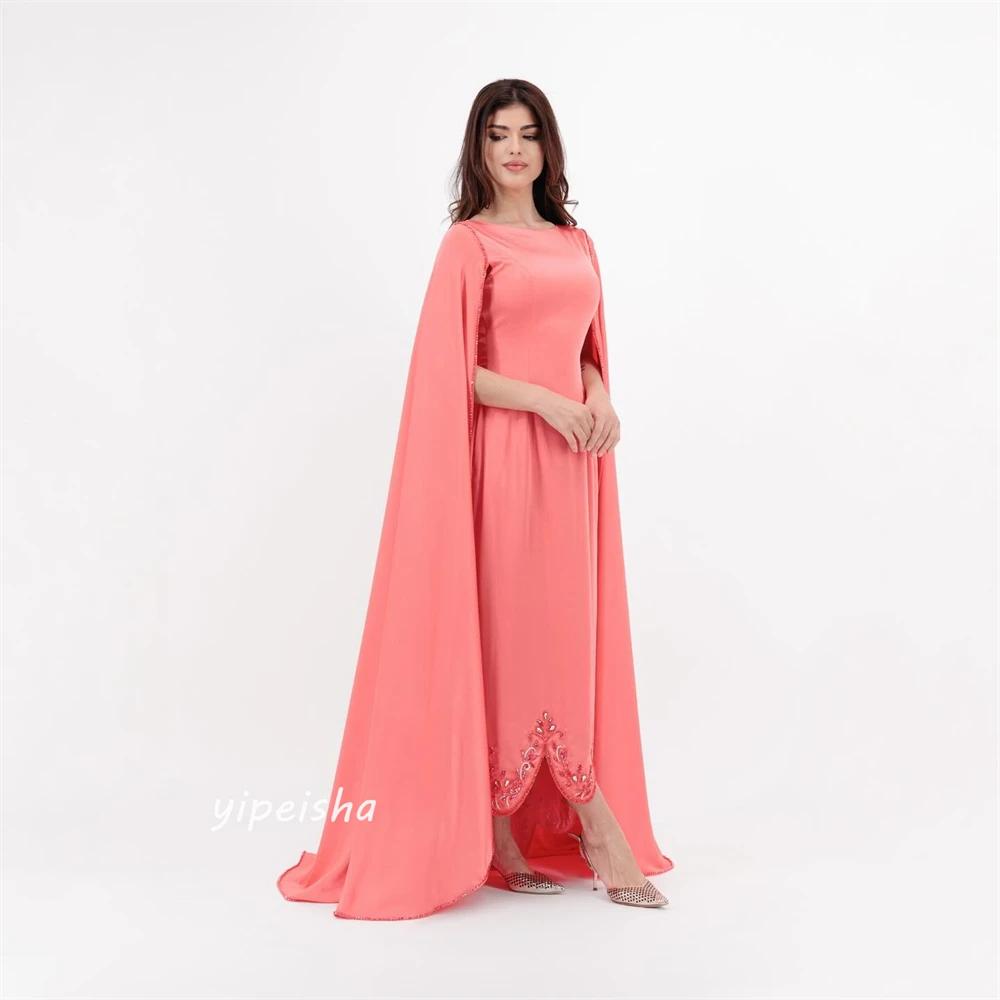 Prom Dress Saudi Arabia Satin Beading Draped Party Sheath O-Neck Bespoke Occasion Gown Long Sleeve Dresses