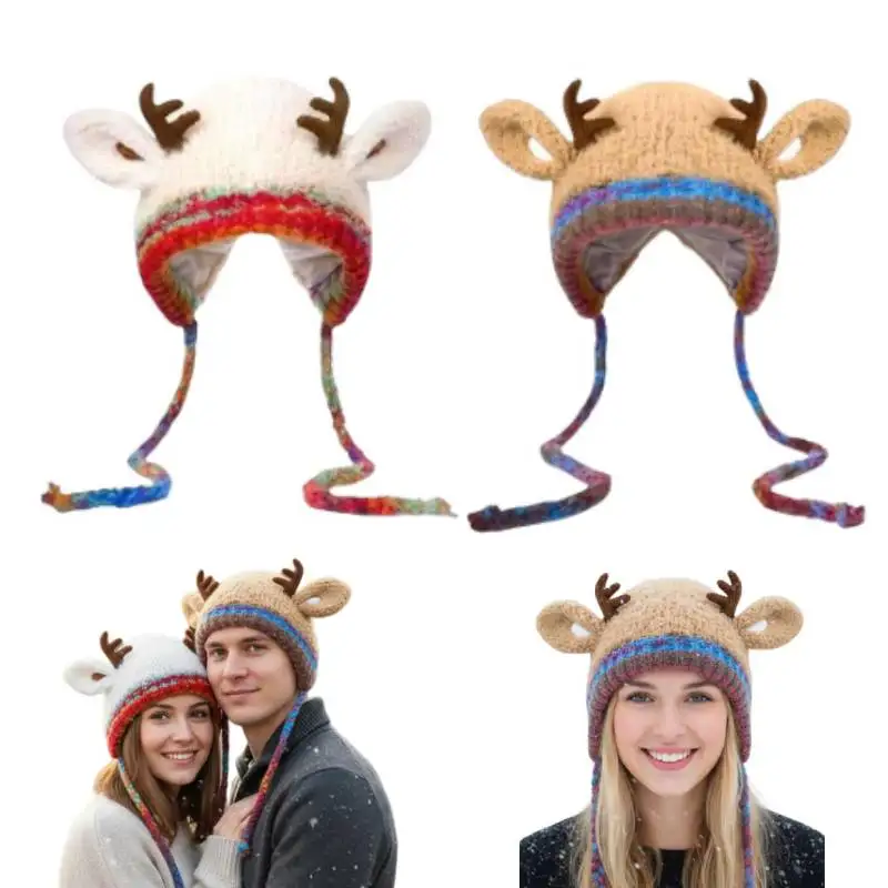 

2 в 1, милая толстая плюшевая вязаная шапка для девочек, зимняя теплая шапка с защитой ушей, зимняя женская удобная шапка-пуловер с рогом