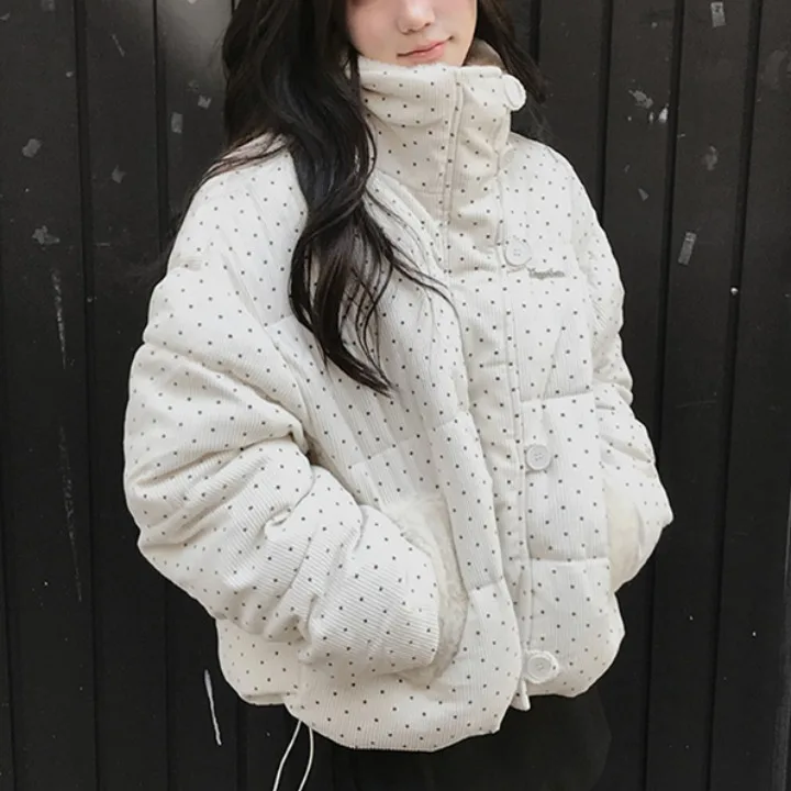 

Chic Autumn Winter Thiened Loose ort Bread Coat Women's Faion Retro Fur Collar Corduroy Polka Dot Outerwear Coat