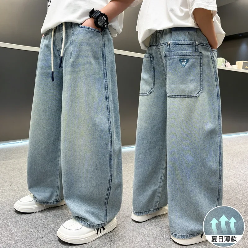 

Teens Boys Wide-leg Jeans Children Summer Casual Thin Denim Pants For Kids Loose Sports Straight Lightweight Trousers for 4-14Yr