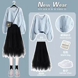 Preppy Style Sweet Wind Suit Female Student Korean Cross Sweater+skirt Two Piece Skirt Sets Korea All Season