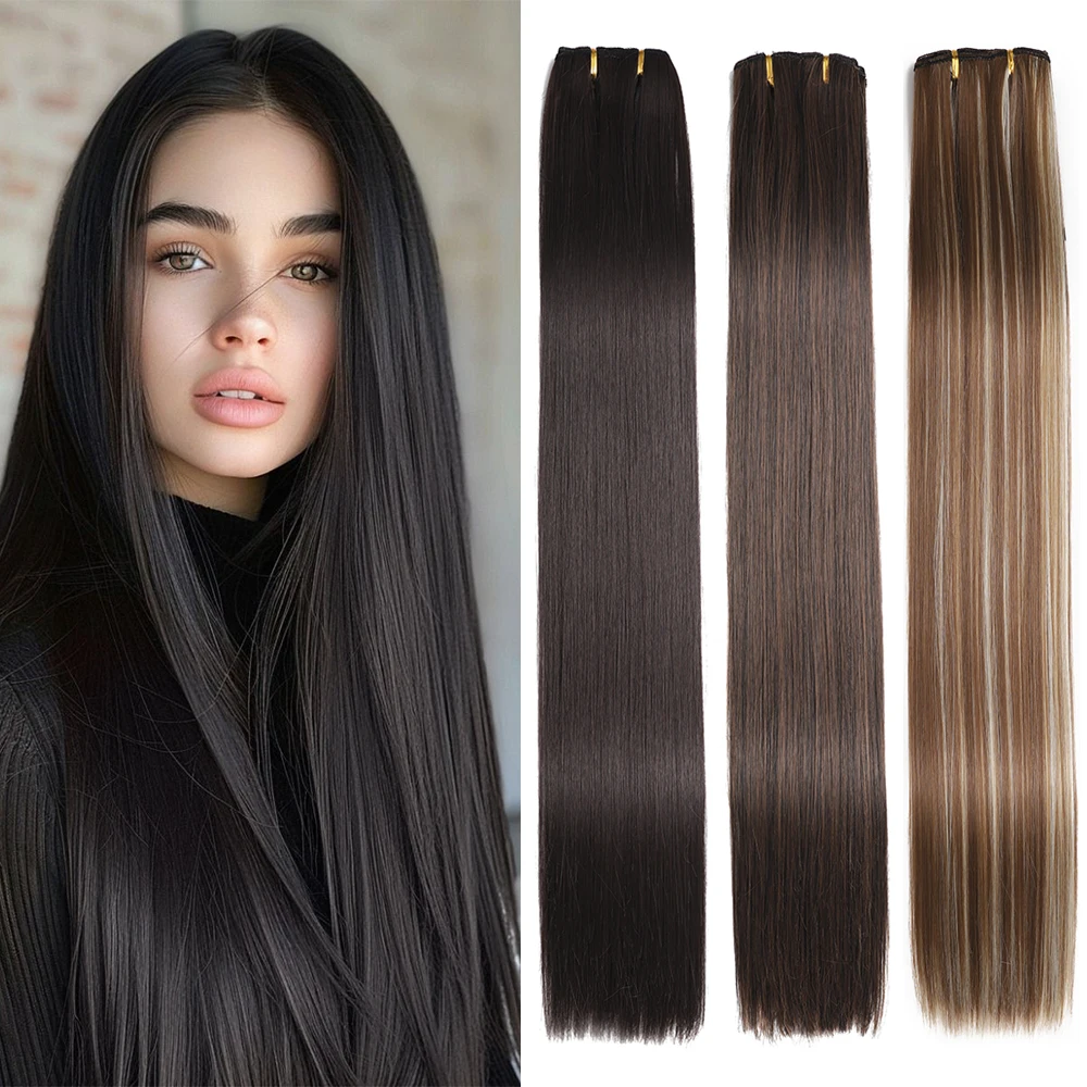 Synthetic Long Straight Hair Extensions for Women, Blonde and Black Hairpieces, Heat Resistant, 16 Clips, 24 Inches, 6 PCs/Set