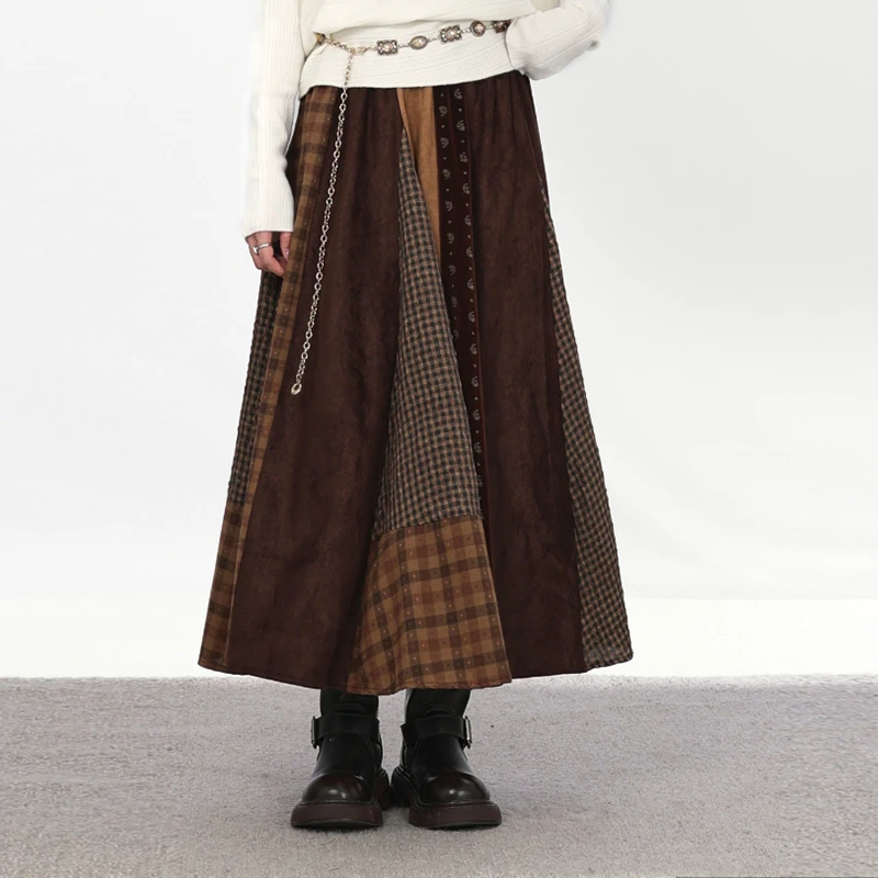 

Korean Style 2026 New Arrival Spring & Autumn Women Casual Loose A-line Vintage Plaid Patchwork Ankle-length Long Skirts T214