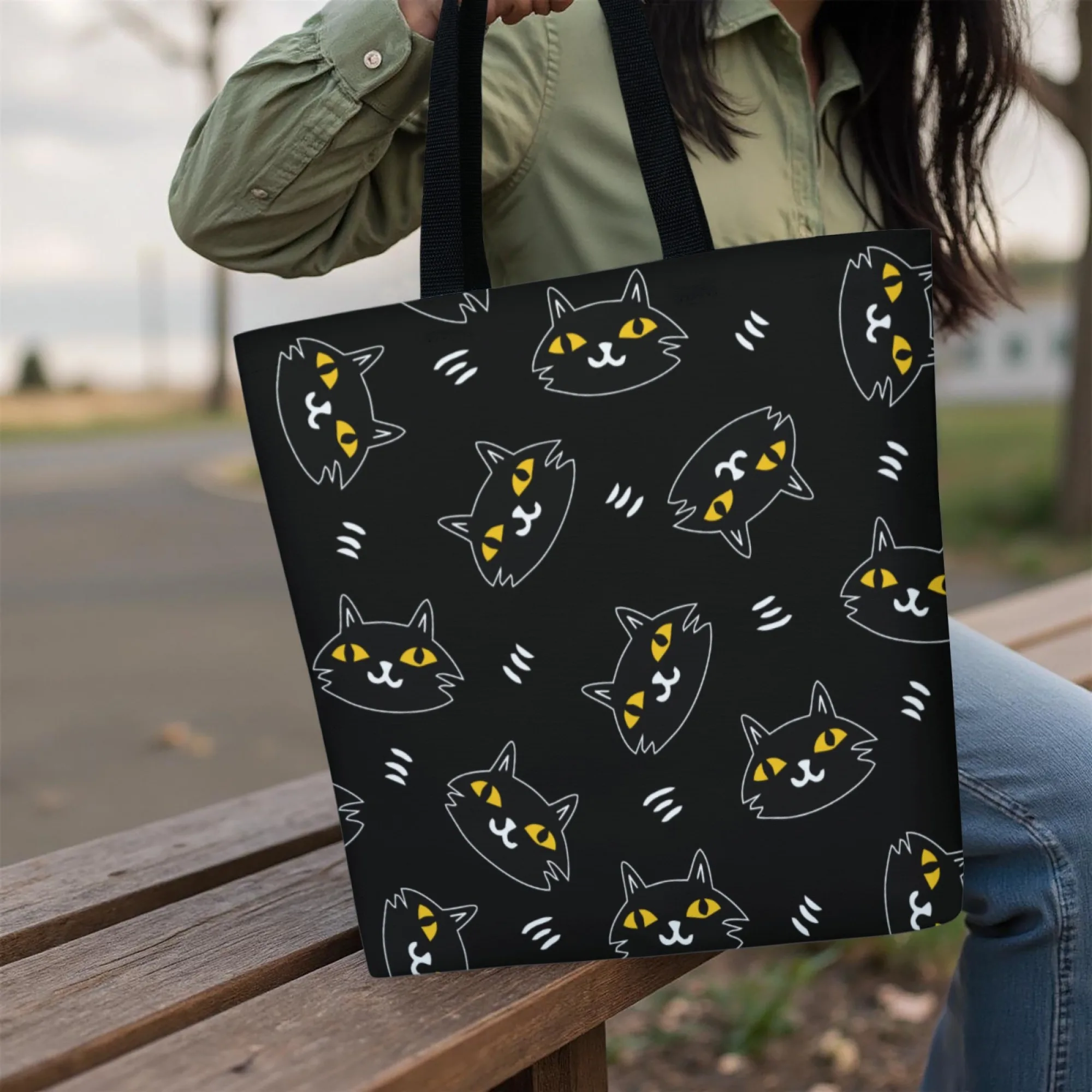 Women's Minimalist Black Cat Canvas Tote Bag Yellow-Eyed Kitten Graffiti Shoulder Bag for Daily Use Lightweight Durable Handbag