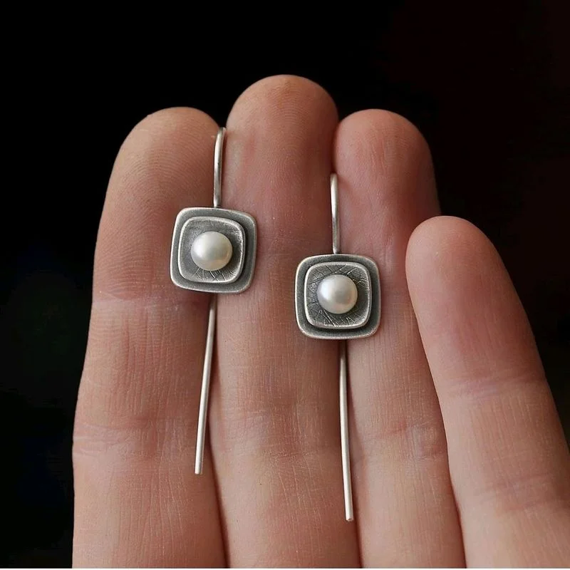 Classic Round White Pearl Earrings for Women Exquisite Fashion Silver Color Metal Double Square Dangle Earrings Jewelry