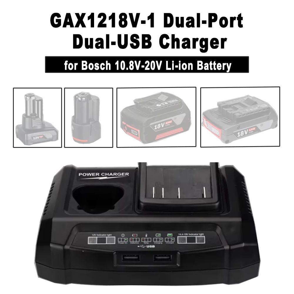 

GAX1218V-1 Dual-Port Dual-USB Charger Fast Charging for Bosch 10.8V-20V Li-ion Battery for Bosch 10.8V-20V power tools