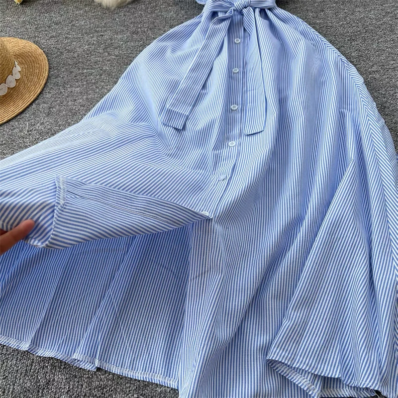 Damen Sommerkleid, neu, gestreift, mit Bindegürtel, schmal geschnitten, ärmellos, Midikleid, lässig, elegant, für Büro und Freizeit, mit Taschen, DR1970 – Detail 14