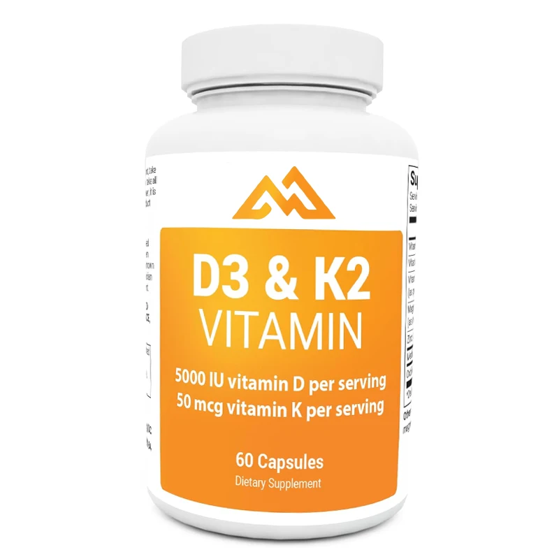 

D3 K2 Vitamin 5000 IU contains 50 micrograms MK7 Vitamin K2, purified bile salt, zinc, and magnesium in 60 capsules