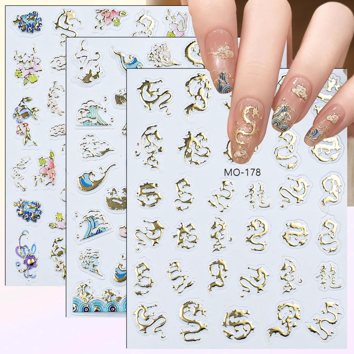3/6/12 Sheets 5D Chinese Dragon Nail Stickers Gold Cloud Wave Floral Self-Adhesive Nail Art Decals DIY Manicure Oriental