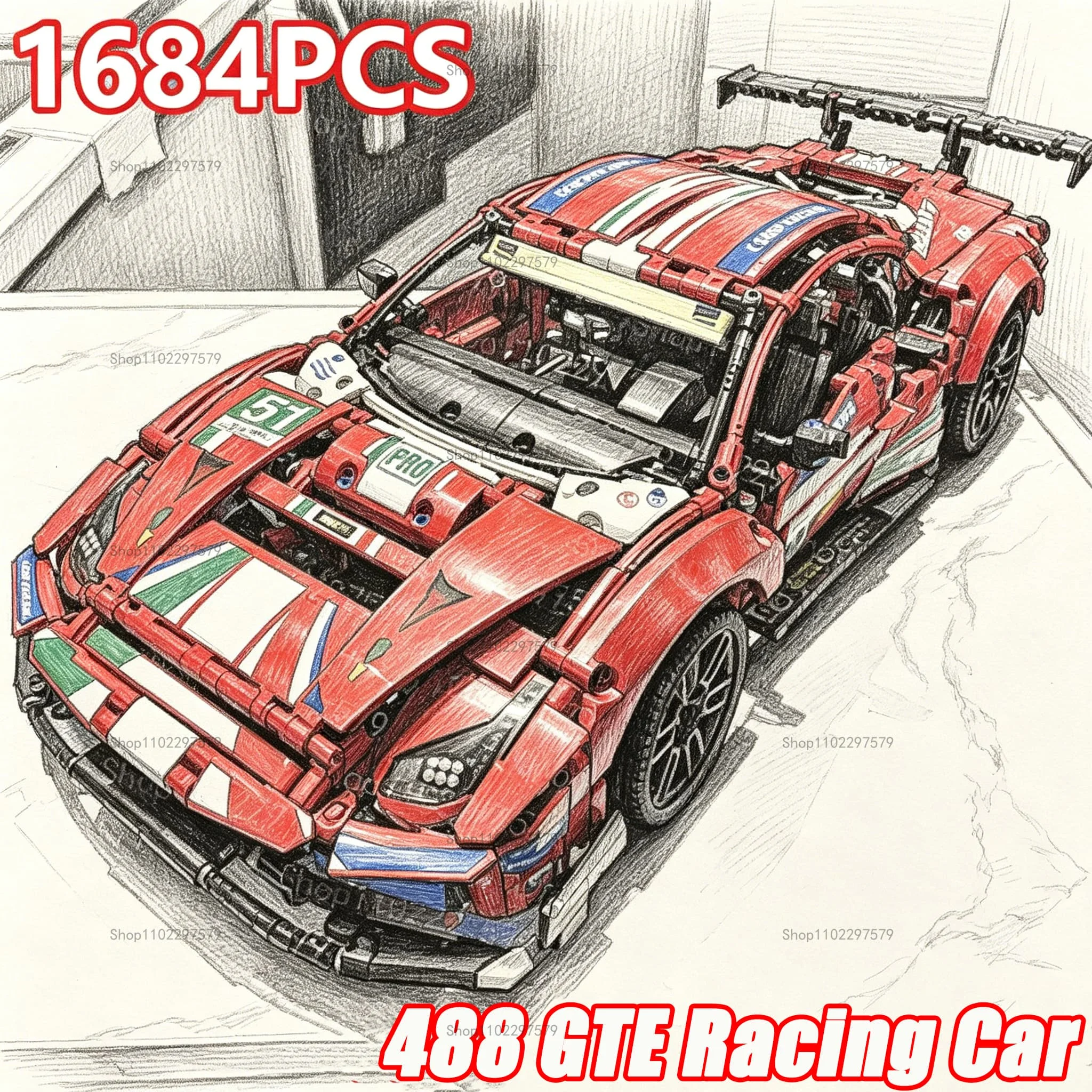 Modelo de Coche de Carreras 488 GTE GT de Escala 1:8, 1684 Piezas, Bloques de Construcción Técnicos Speed Champions, Coche de Exhibición Detallado, Juguete de Regalo