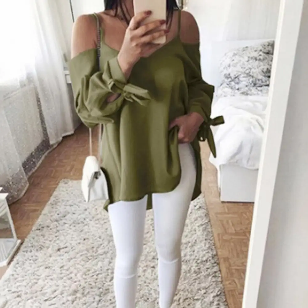 Sexy Women Sling Long Sleeve Blouse Loose Shirt Plus Size Solid Color Off Shoulder Sexy Knotted Comfortable