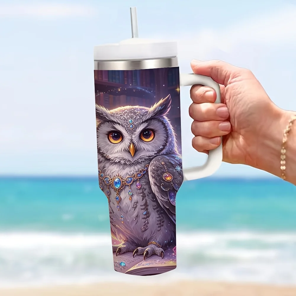 40Oz Insulated Tumbler with Handle, Magic Owl Butterfly And Open Book Print, Suitable for Book And Magic Art Lovers, Keeps Drinks Cold Or Hot, Ideal for Daily Use And Outdoor Activities