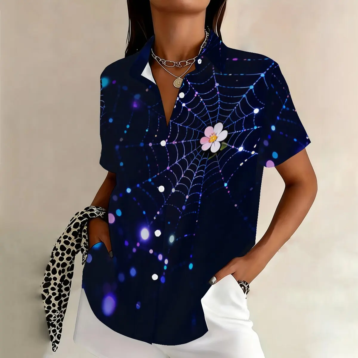 

Летняя женская рубашка больших размеров с короткими рукавами, в таинственном модном стиле, подходит для тематических вечеринок, развлечений и отдыха.