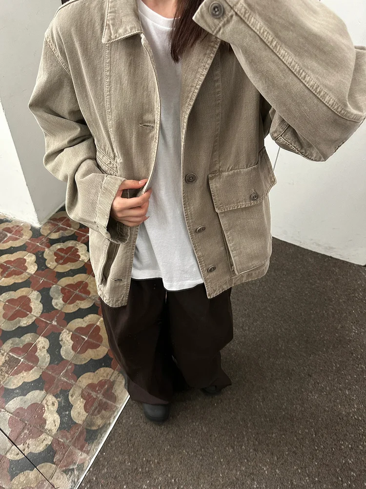Lemair Vintage Washed Single Color Workwear Jacket Multiple Pockets Loose Commute Atmosphere Top Coat Youthful Spring Autumn ...