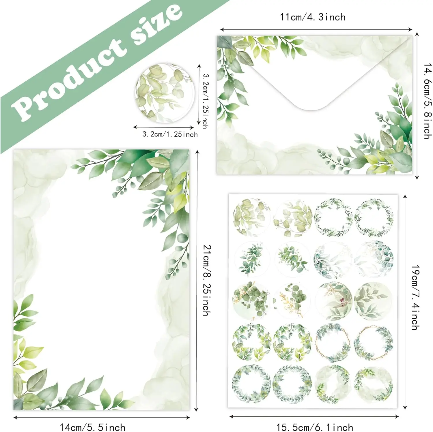 160-Piece Eucalyptus Stationery Envelopes Set – 50 Writing Papers, 50 Envelopes, 60 Sealing Stickers–Greenery Botanical Letter