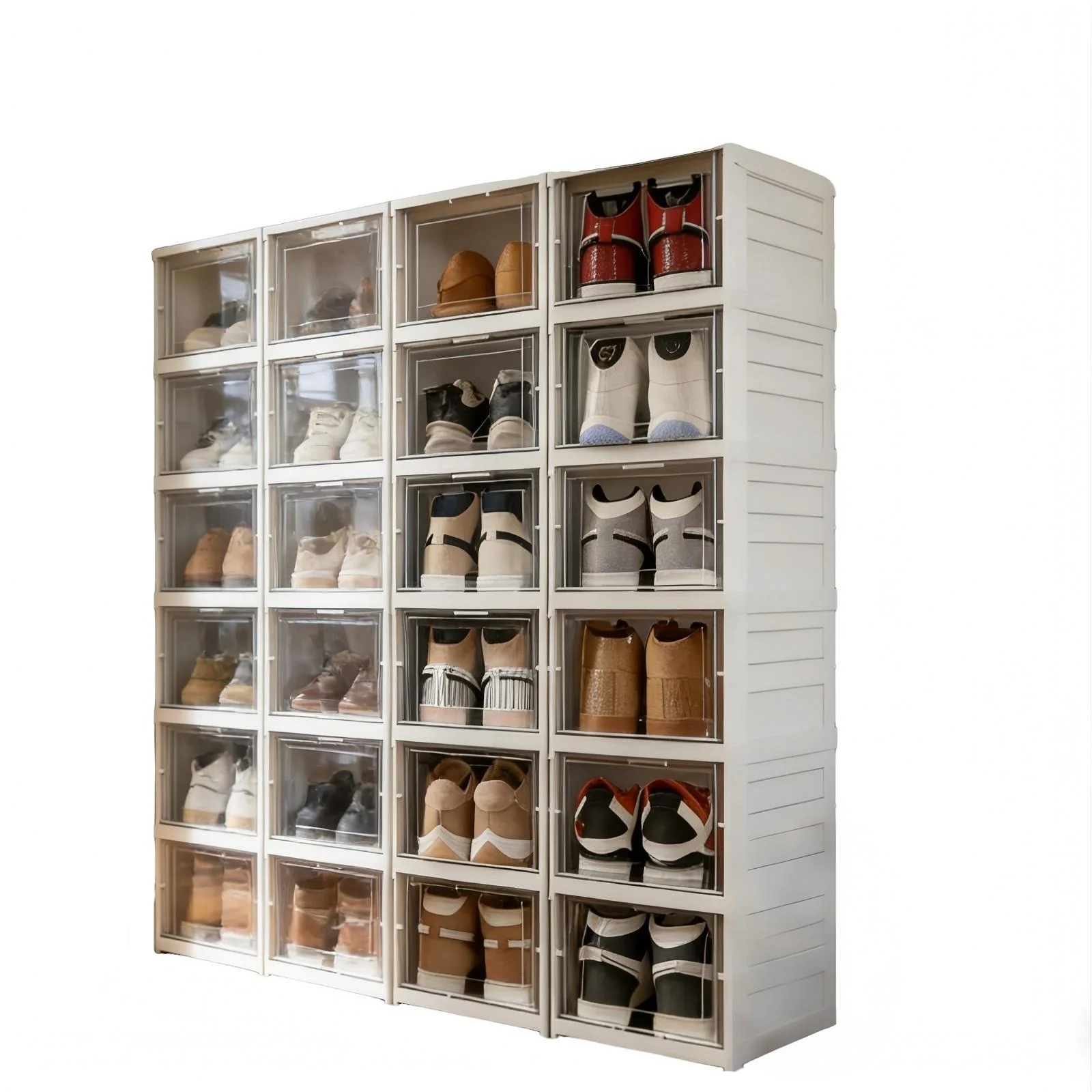 6-lagiger, faltbarer, transparenter Schuhkarton, Schuhaufbewahrungsbox, stapelbar, staubdicht, hoher Schuhschrank, Schuhregal