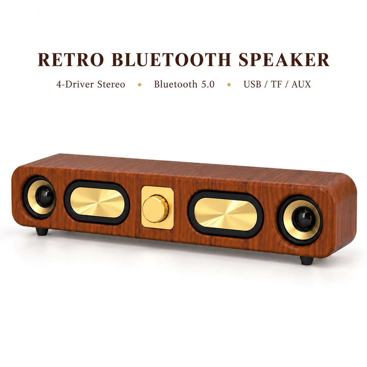 Retro Wood Grain Bluetooth Speaker, 4-Driver Stereo Soundbar with USB/TF/AUX Ports, Bluetooth 5.0 Wireless Desktop Audio Box