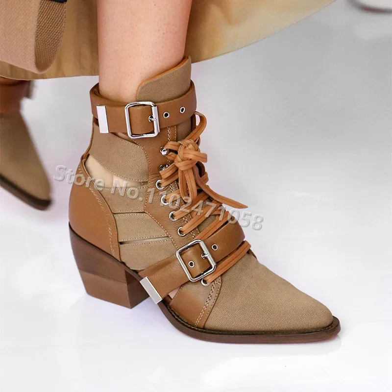

Roman Weaving Hollow Out Women Sandals Pointed Toe Thin Chunky Heel Leisure Shoes Fashion Belt Buckle Lace-Up High Heels Boots