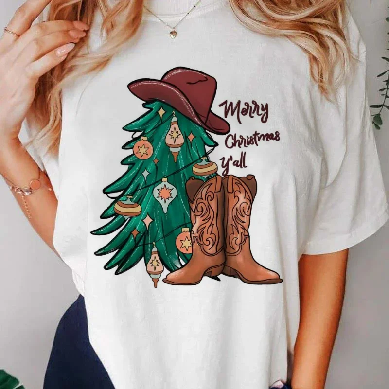 Merry Christmas Yall Cowgirl Boots Pattern Retro Short Sleeved Women's Cartoon T-Shirt Casual Clothing Fashion O-Neck Basic T-Sh