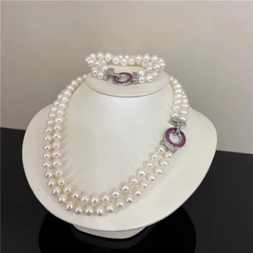 2 rows of pearl necklace AAA+7-8 millimeters South Sea white round pearl necklace 18-20 inch +2 rows of bracelets7.5-8 inch925s