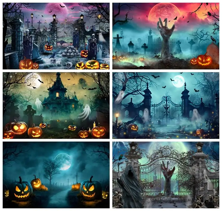 Laeacco Halloween Backdrop Gloomy Cemetery Moon Night Spooky Courtyard Discarded Evil Ghost Kids Portrait Photography Background