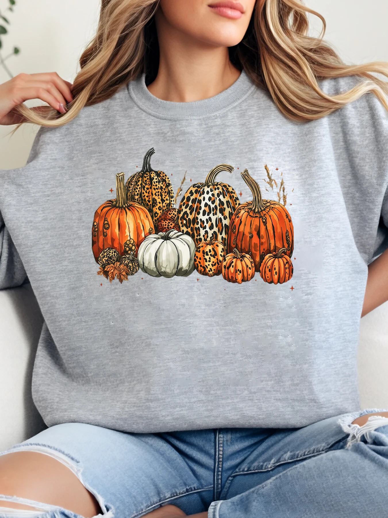 

Толстовка с леопардовым принтом тыквы на Хэллоуин, женская осенняя повседневная одежда, серый, больших размеров