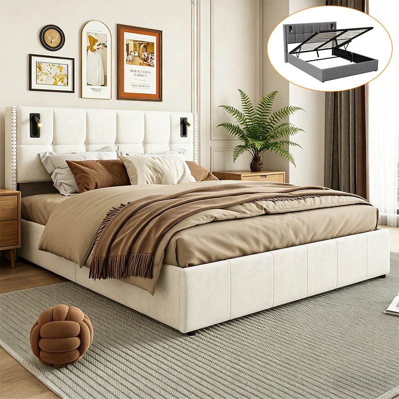 Base de Cama Doble Anajqaqia - 140x200cm/160x200cm, Cama Tapizada, con Carga, con Luces de Lectura, Beige, Gris