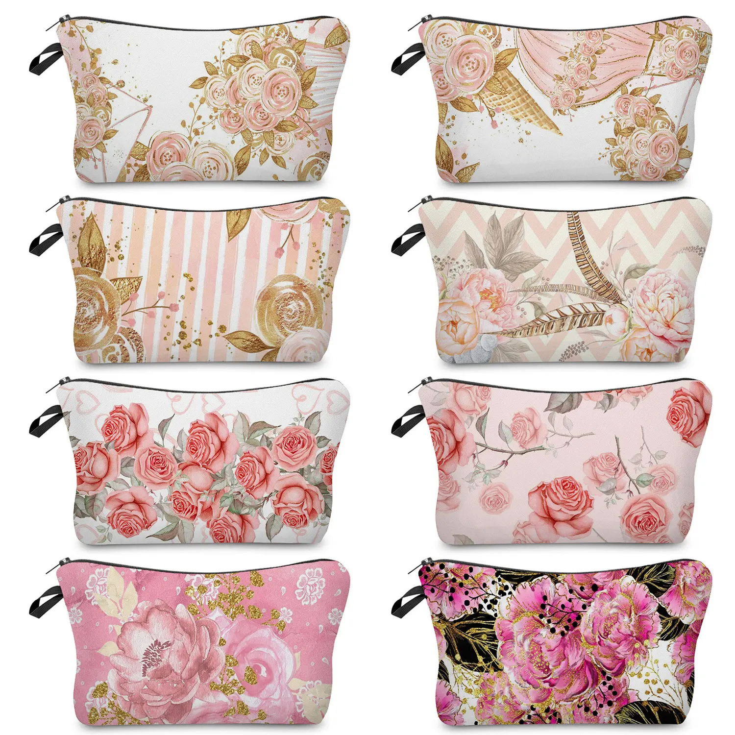 Pink Rose Print Organizer Cosmetic Bags Custom Pretty Floral Pattern Women Makeup Bag Lady Outdoor Beach Portable Toiletry Bags