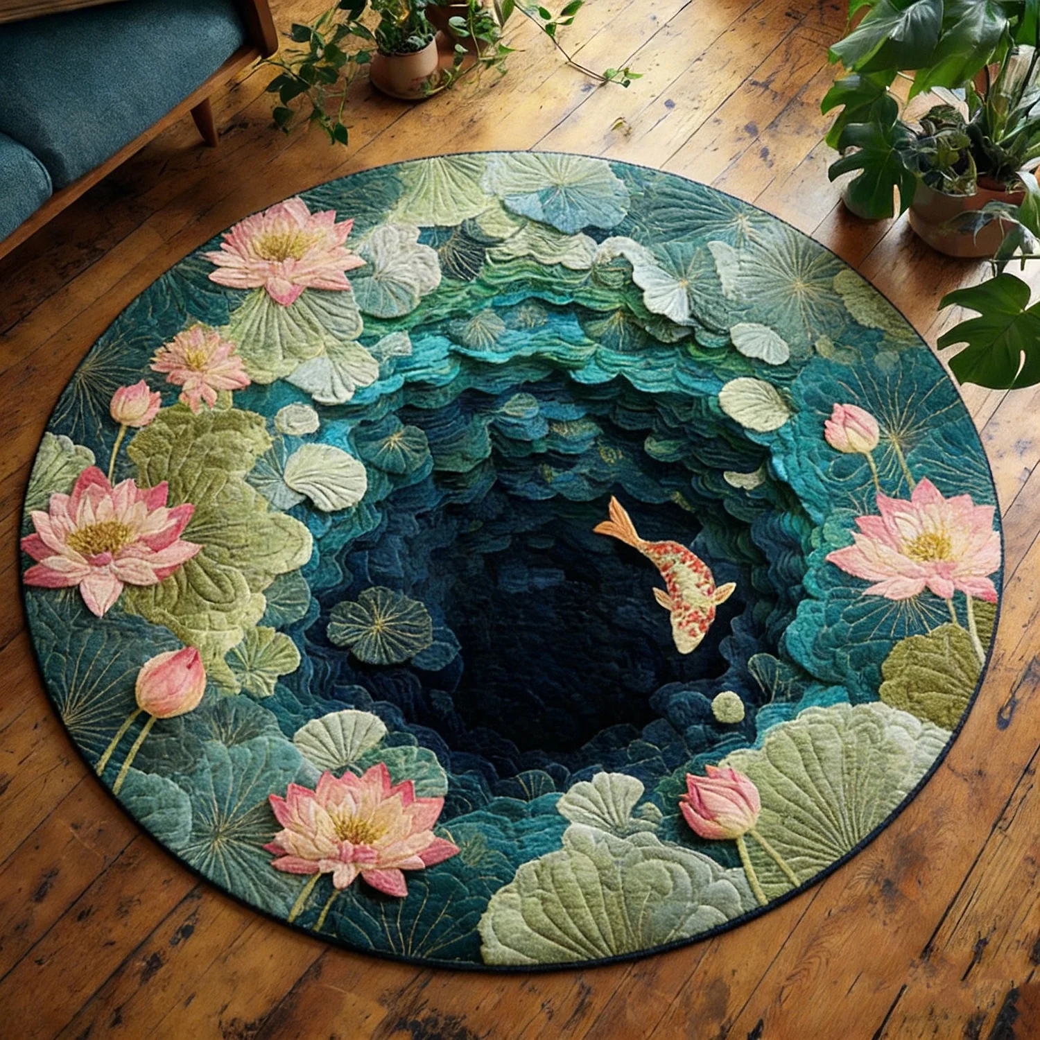 3D Koi Fish & Lotus Round Rug - Visual Illusion Anti-Slip Decorative Floor Mat for Bedroom and Living Room Decor