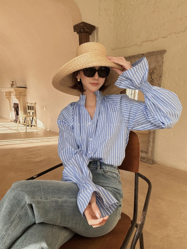 

Новая весенне-летняя женская блузка Needop с новым складчатым дизайном, синими полосками, из смесового хлопка, нейлона и полиэстера, длинный рукав, для бизнеса...