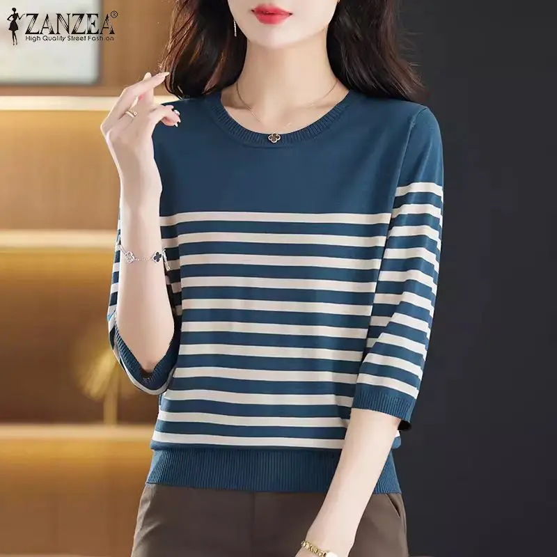 ZANZEA Women Striped Patchwork Blouses Fashion Causal Shirts 2024 Summer Vintage Loose Tunic Tops Round Neck Half Sleeve Blusas